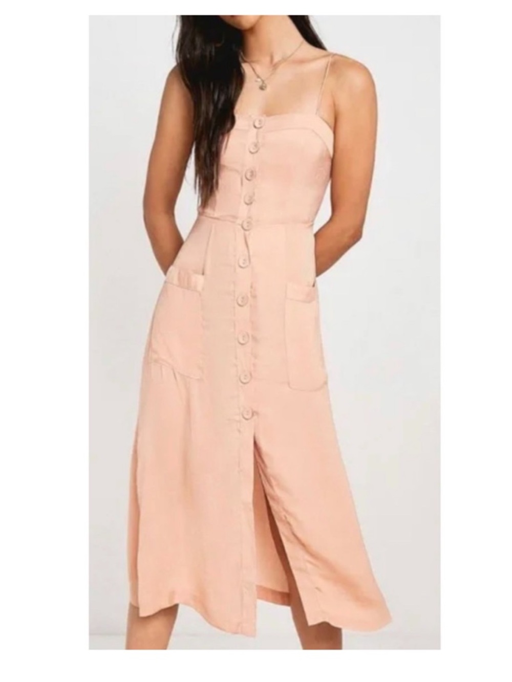 Urban Outfitters Gold Dust Tie Shoulder Peach Midi Dress Size Medium Pockets